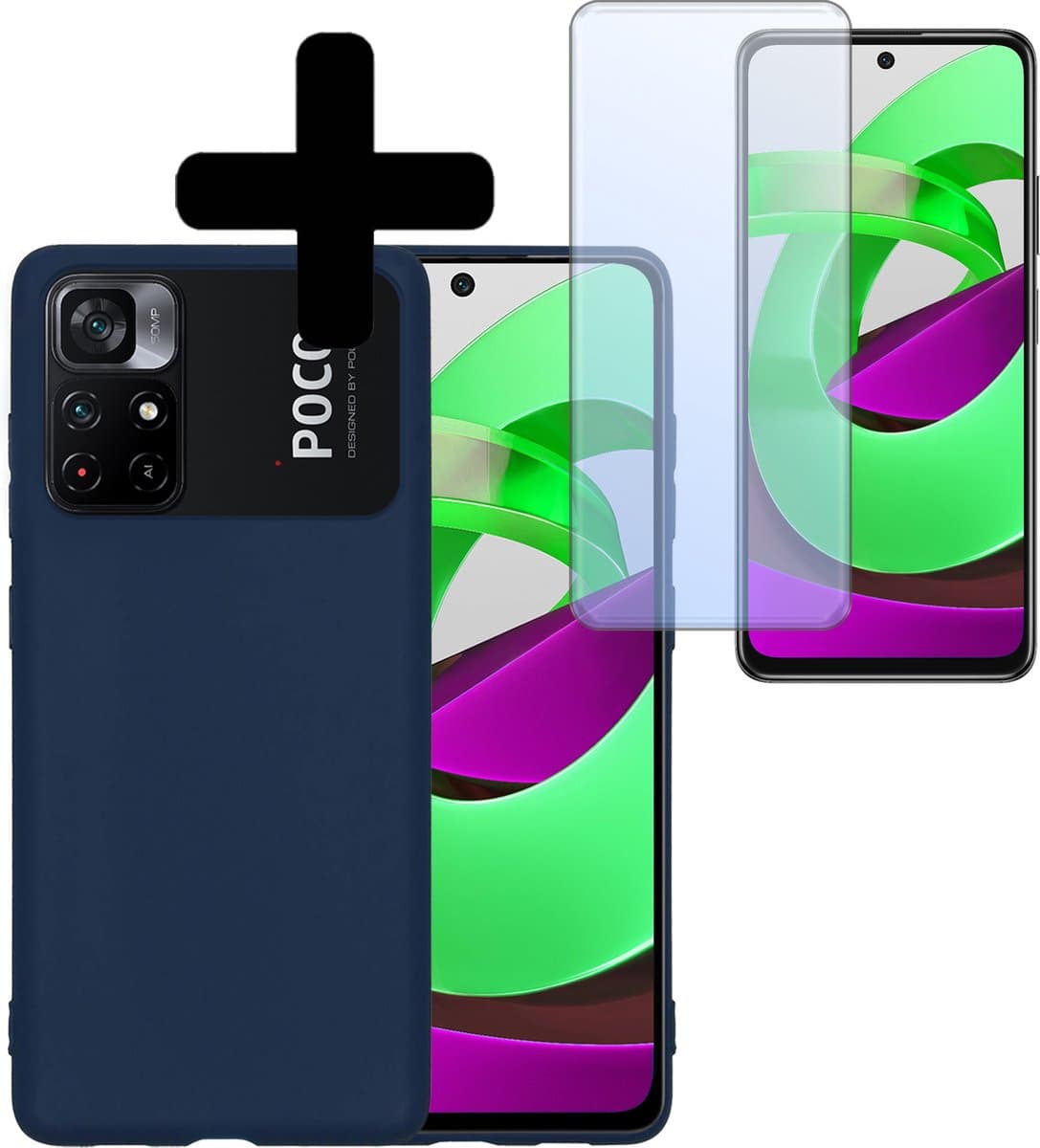 Hoesje - Met Screenprotector - Geschikt voor Xiaomi Poco M4 Pro 5G - Sterk & Shockproof - Back Cover - Siliconen Case - Telefoon Hoes - Telefoonhoesjes - Donkerblauw