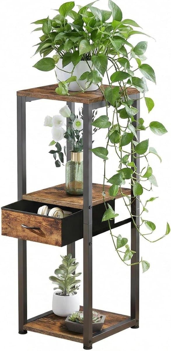 Plantenstandaard - Hoog Meubel - Planten Presenteren - Met Lade - 3 Lagen - Bruin