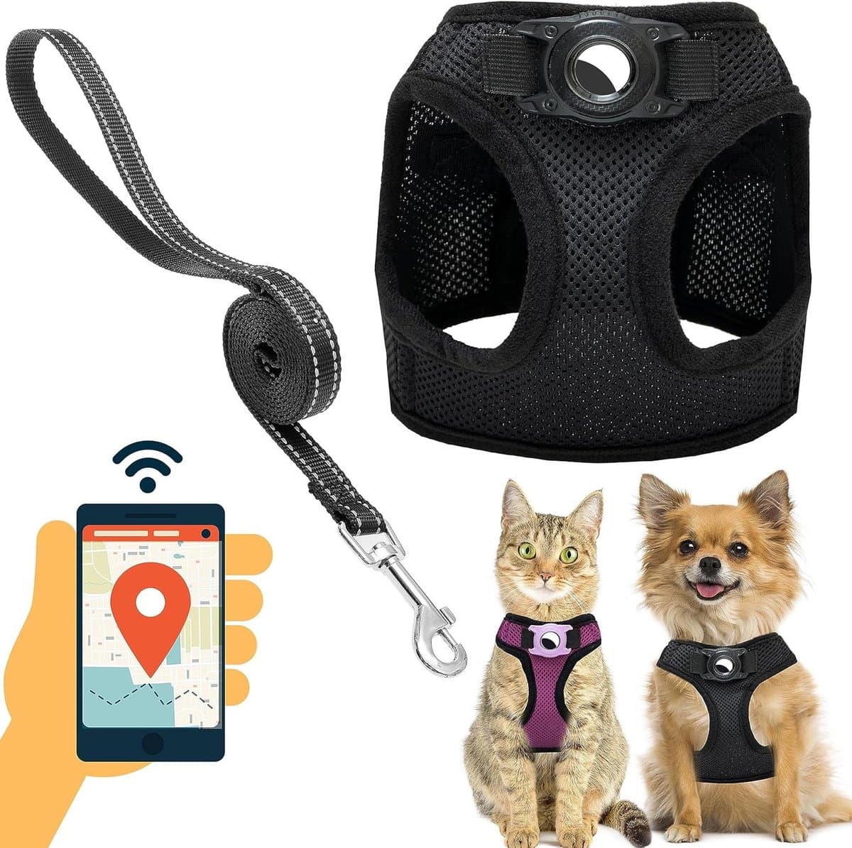 Hondenharnas met AirTag - Honden tuigje - Veilig uitlaten - Anti-trek ontwerp - Borst 348-419 cm - Zwart