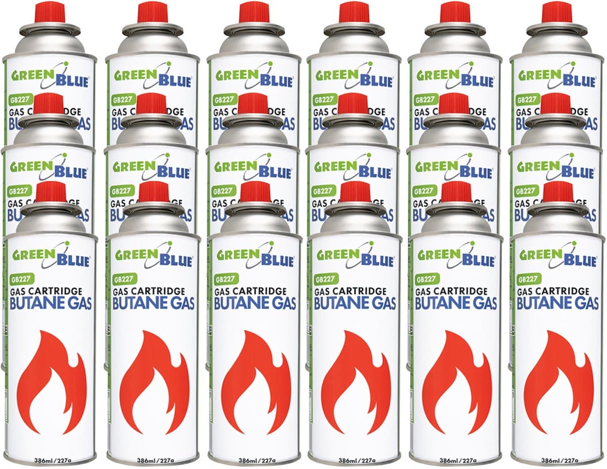 GreenBlue - Gasflessen 18 stuks - Gaspatroon van 227 g. Certificaat: Pi 0875, voldoet aan de norm EN417, butaan, gebruiksbereik -10 °C tot +40 °C, GB227