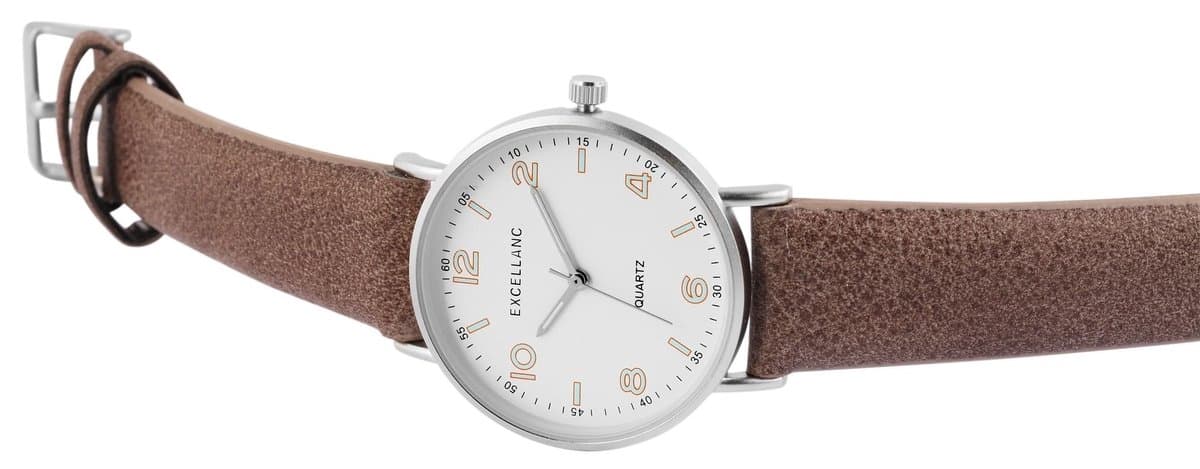 Excellanc-Unisex horloge-dames-heren-duidelijke wijzerplaat-bruine band-zilverkleurig-diameter 36 mm
