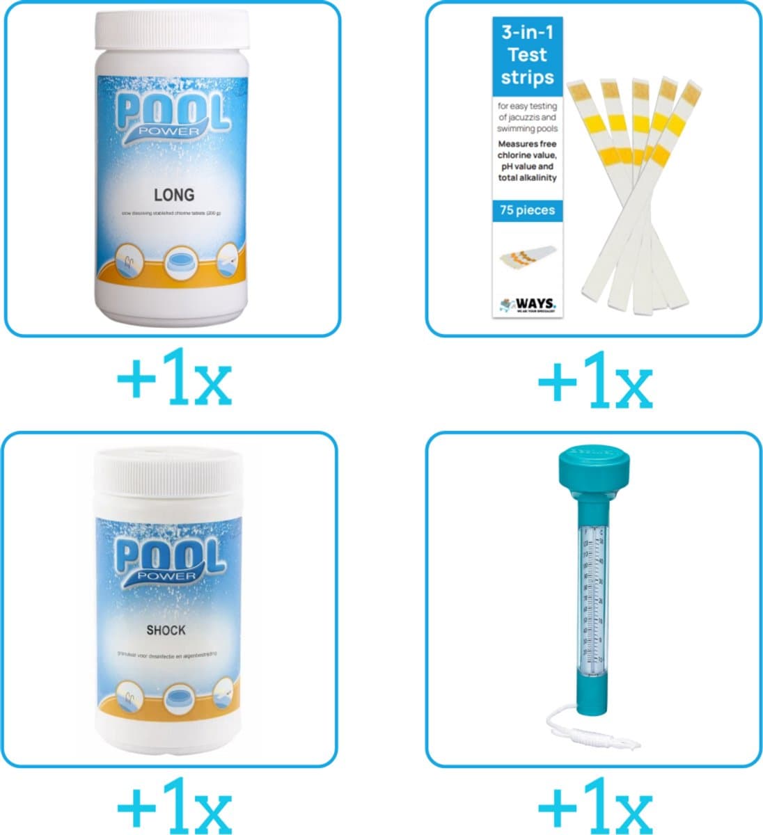 Zwembad Onderhoudspakket - Onderhoud Zwembad - bevat Chloor - Testrips - Chloor en Thermometer (4-delig)