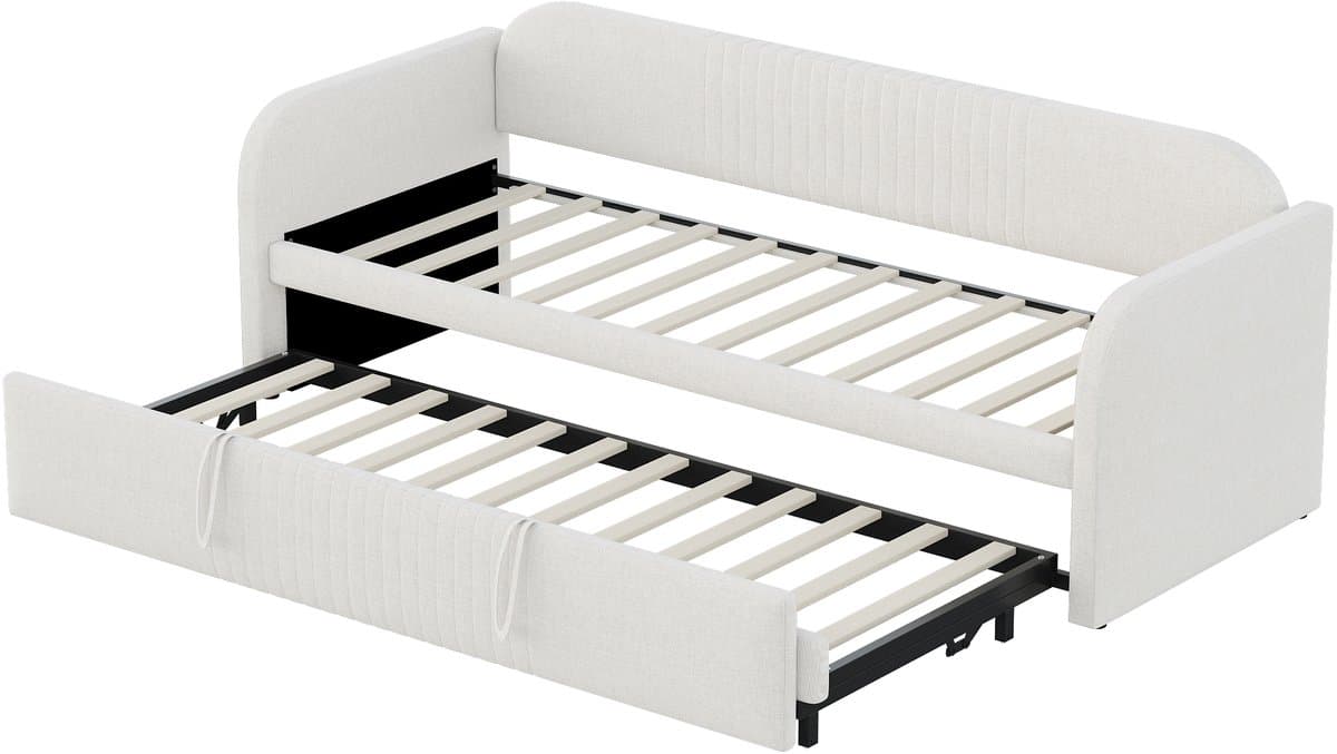 DESMIU Gestoffeerde Slaapbank 90x190 cm – Uitschuifbaar Naar 180x190 cm – Met Lattenbodem – Zonder matras – Voor Woonkamer Of Logeerkamer – Linnenlook – Beige