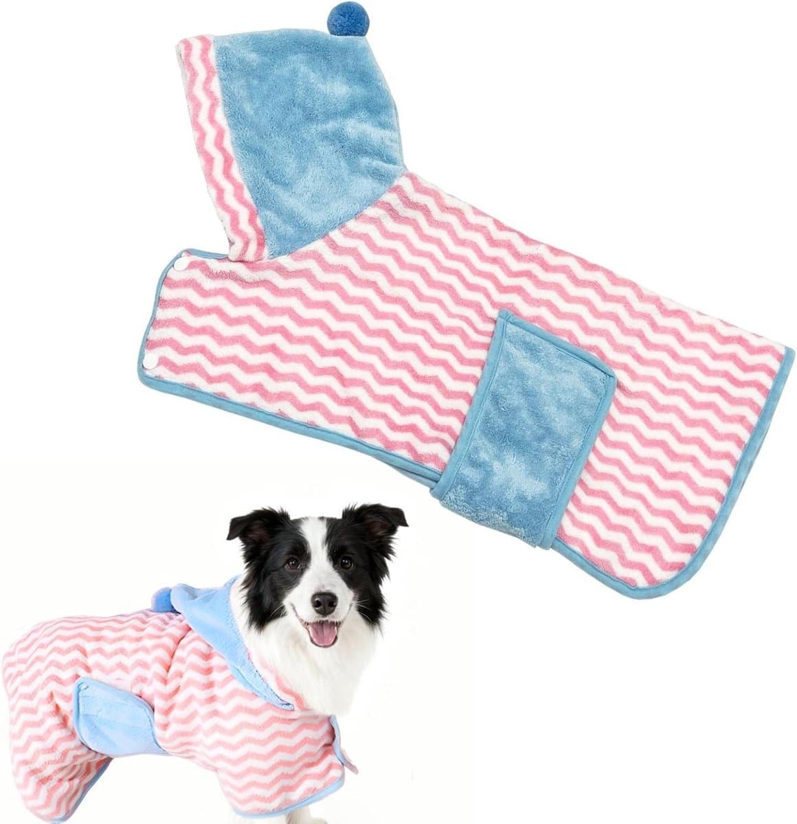 Color Block Absorberende badjas voor huisdieren, zachte badhanddoeken met capuchon voor honden en grote katten, puppy wasbare verstelbare buikriem, sneldrogende jas, 1 stuk