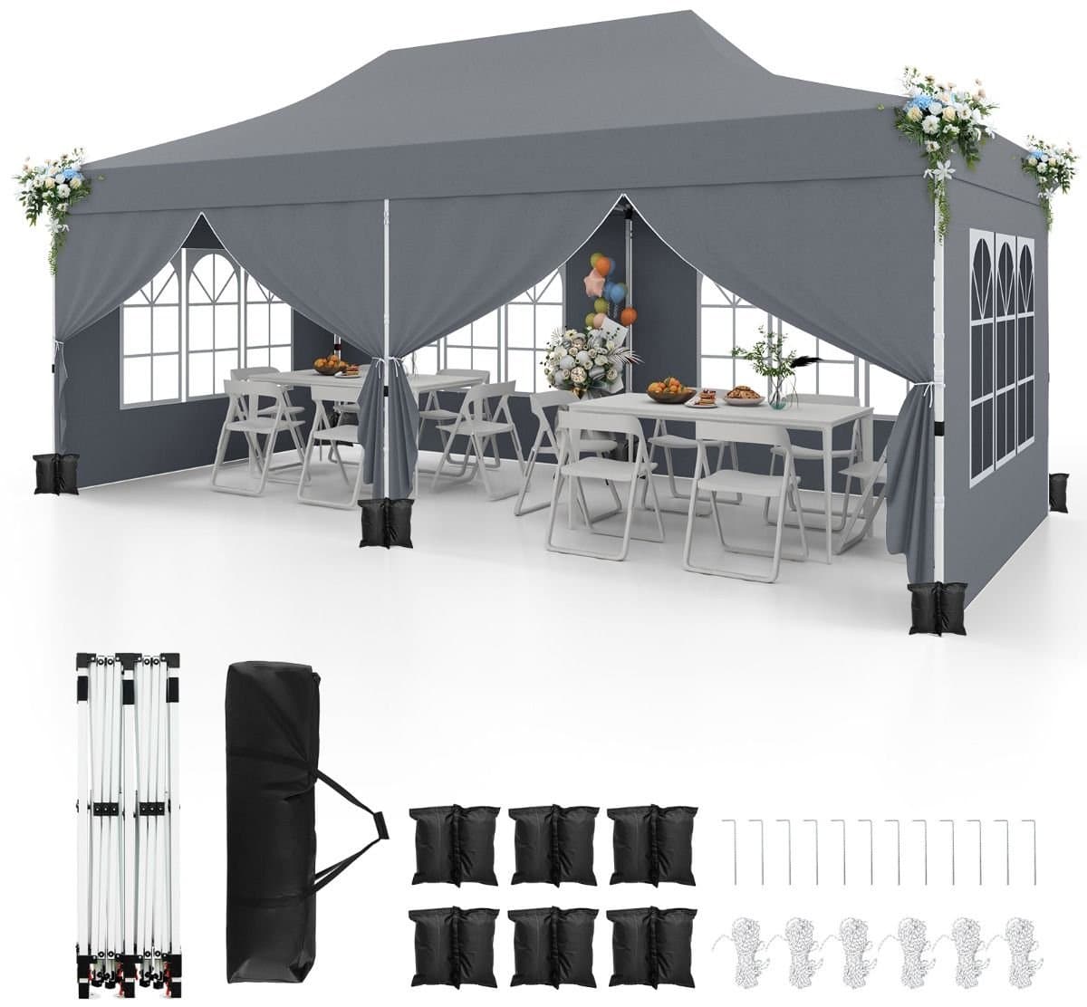 Partytent opvouwbaar - Paviljoen - 300 x 600 cm - Easy up - Waterdicht - met Zijwanden - Weerbestendig - Grijs