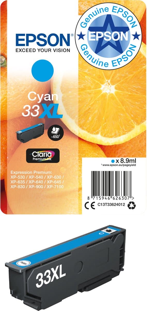 Epson Oranges inktpatroon, enkele verpakking, cyaan 33XL, Claria Premium Ink