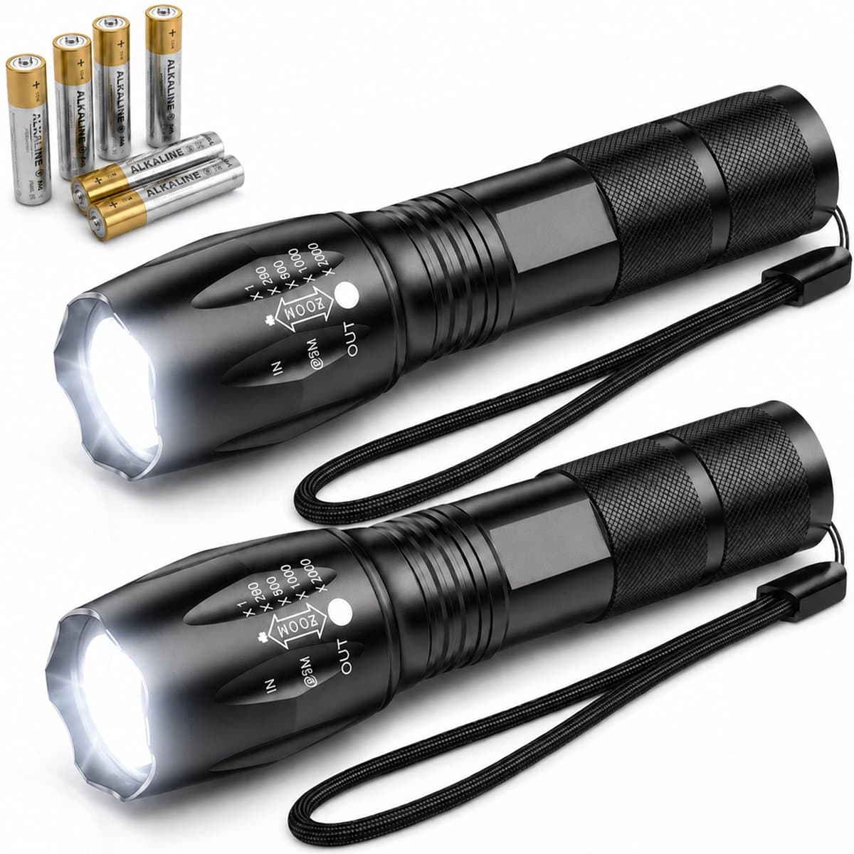 Proskill Zaklamp LED - Zoom functie - Militaire zaklampen - 2 stuks - IP65 Waterdicht - Op batterijen - Noodpakket - Zwart - oplaadbare batterijen AAA - zaklamp op batterijen - zaklamp kind - flashlight