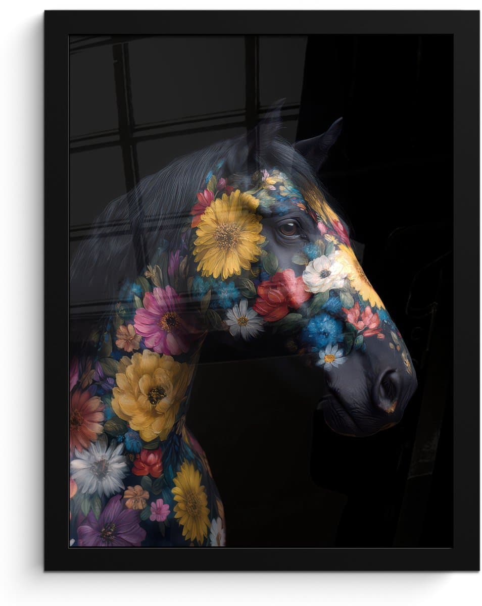 Poster in lijst - Fotolijst 30x40 cm - Posters - Paard - Bloemen - Zwart - Posterlijst zwart - Decoratie - Wanddecoratie woonkamer - Muurdecoratie slaapkamer