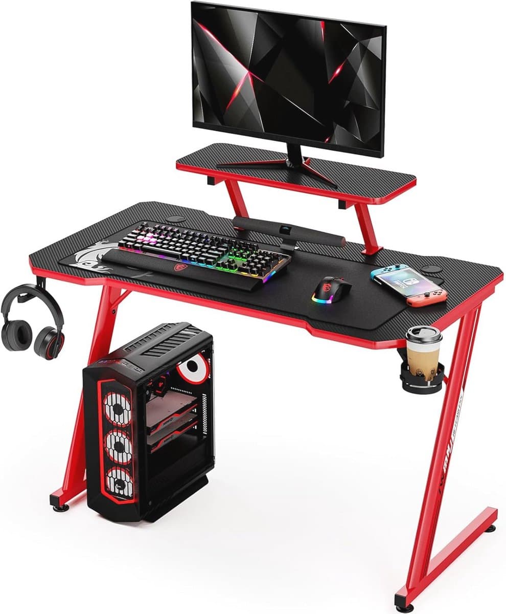 Ergonomische Gaming Desk met Koolstofvezel Tafelblad en Verstelbare Monitorplank