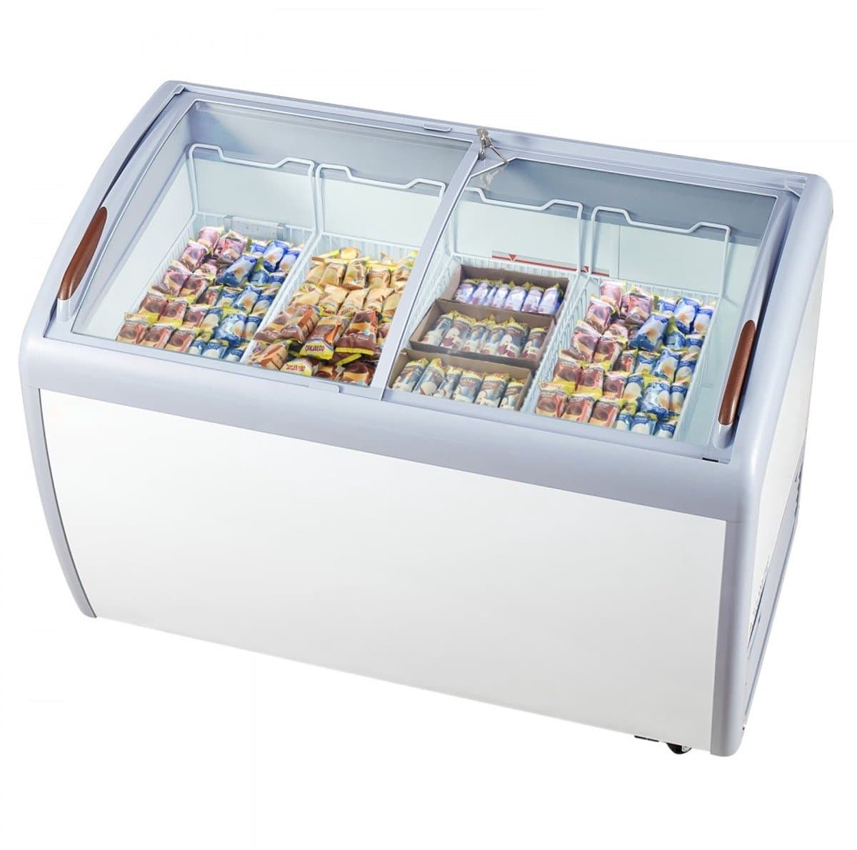 IJsvitrine - Commerciële Diepvrieskist / Vriesvitrine Voor Gelato - 362 L Capaciteit - Glazen Schuifdeksel (2 Deuren) - 4 Draadmanden - Vergrendelbare Wielen - Wit