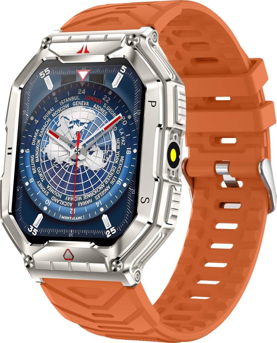 Knobbout 2.1” (3.4*4.2cm) Groot Outdoor Smartwatch – Barometer, LED-Zaklamp- Bluetooth Bellen- Kompas & Hoogtemeter- AI spraakassistent -Hartslag & SpO₂ - 650mAh Batterij - 1ATM Waterdicht - Oranje siliconen horlogeband