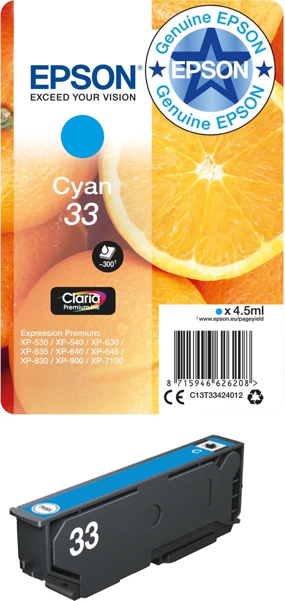 Epson Oranges enkelverpakking cyaan 33 Claria Premium inkt