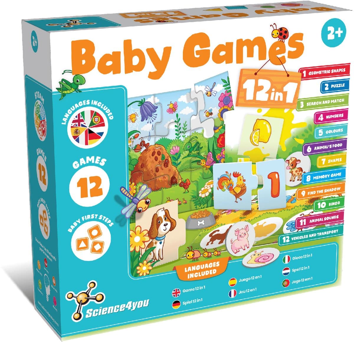 Science 4 you Baby Games 12-in-1 Educatief Speelgoed voor Peuters 2 Jaar + – Montessori Puzzelspel & Leerspel – Memory, Vormen, Kleuren, Cijfers en Dieren – Educatieve Spellen voor Kinderen