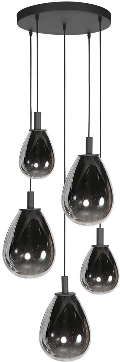 Glimsy 4198ZW Hanglamp 5 lichts Zwart in hoogte verstelbaar, van glas en metaal, trendy design van Steinhauer