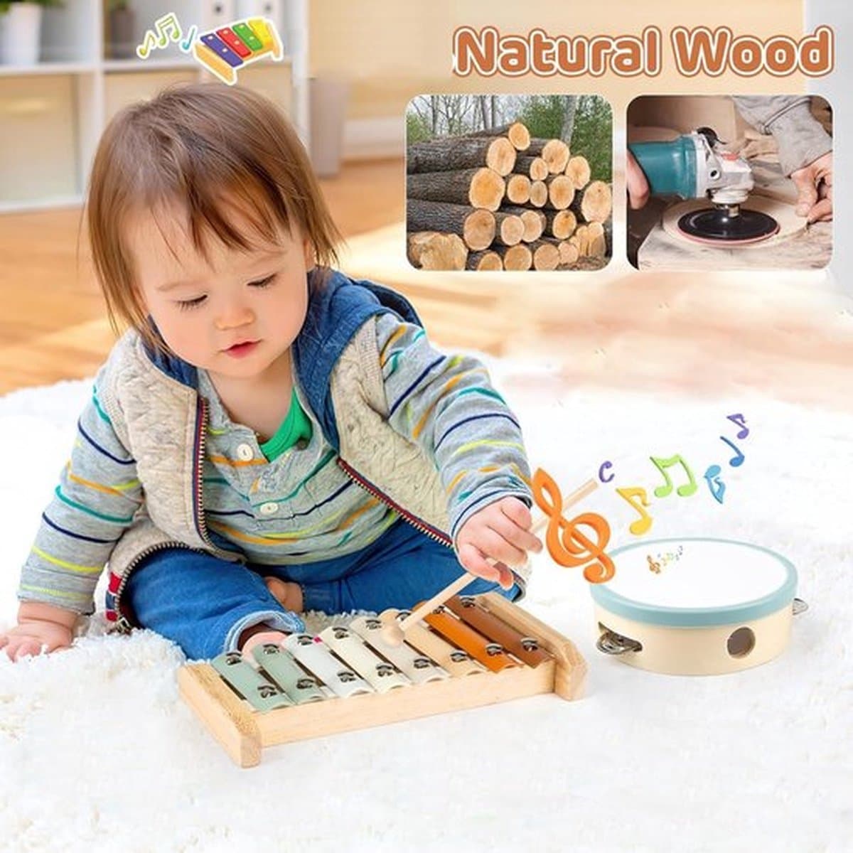 Houten muziekinstrumenten voor baby's, Montessori-slagwerk, drumset met xylofoon, educatief cadeau voor peuters en kleuters, Montessori-houten speelgoed voor kinderen van 1-6 jaar.