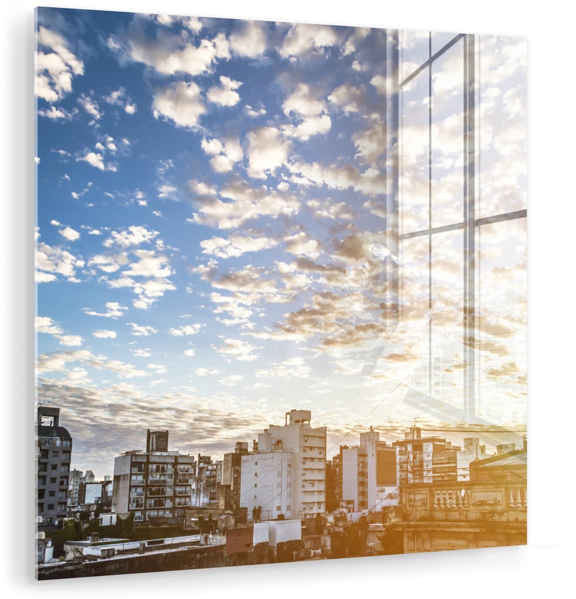 ® Glasschilderij 50x50 cm - Schilderij acrylglas - Verschillende wolkenvelden boven de hoogbouw in Rosario - Foto op glas - Muurdecoratie woonkamer - Wanddecoratie slaapkamer - Schilderijen