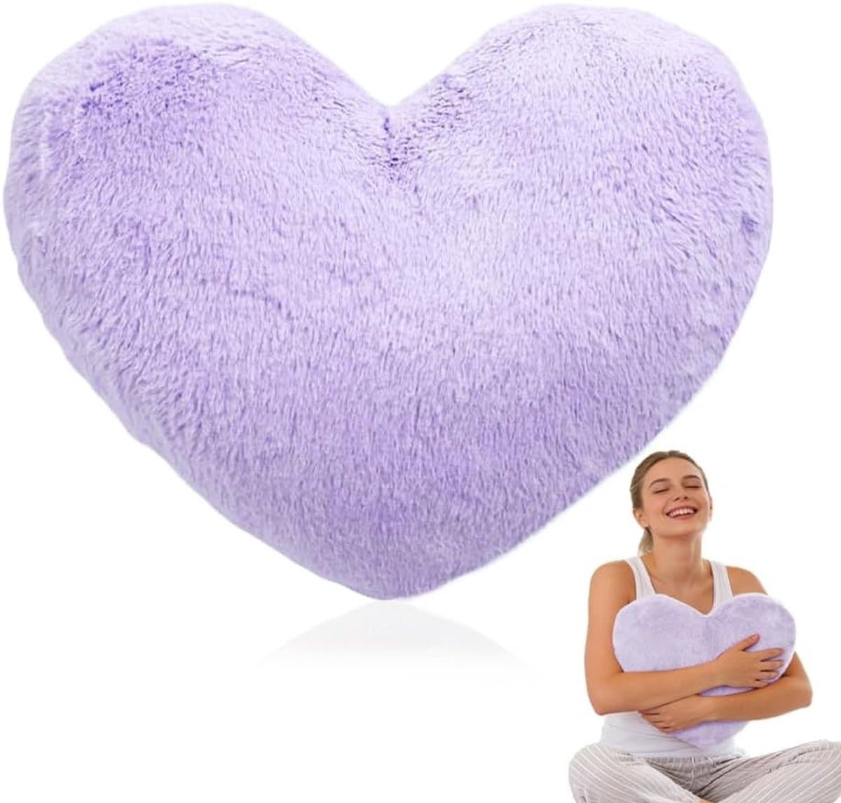 Hartvormig pluche kussen in paars, zacht knuffelkussen voor decoratie, 46 x 36 cm, perfect voor woonkamer en bank, liefdevolle sfeer, sierkussen voor elke ruimte