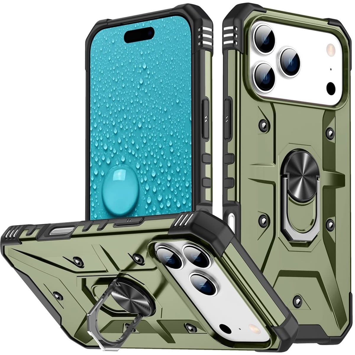 Coverup Hoesje - Geschikt voor iPhone 18 Pro / 17 Pro Hoesje - Coverup Heavy Duty Ring Kickstand Back Cover - Army Green