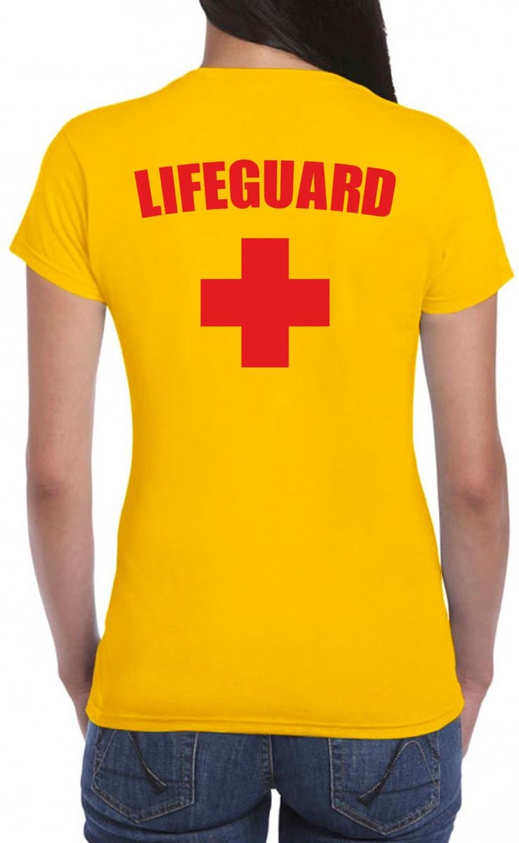 Lifeguard / strandwacht verkleed t-shirt - geel - voor dames - Bedrukking op achterkant - Reddingsbrigade - kleding - carnaval XS
