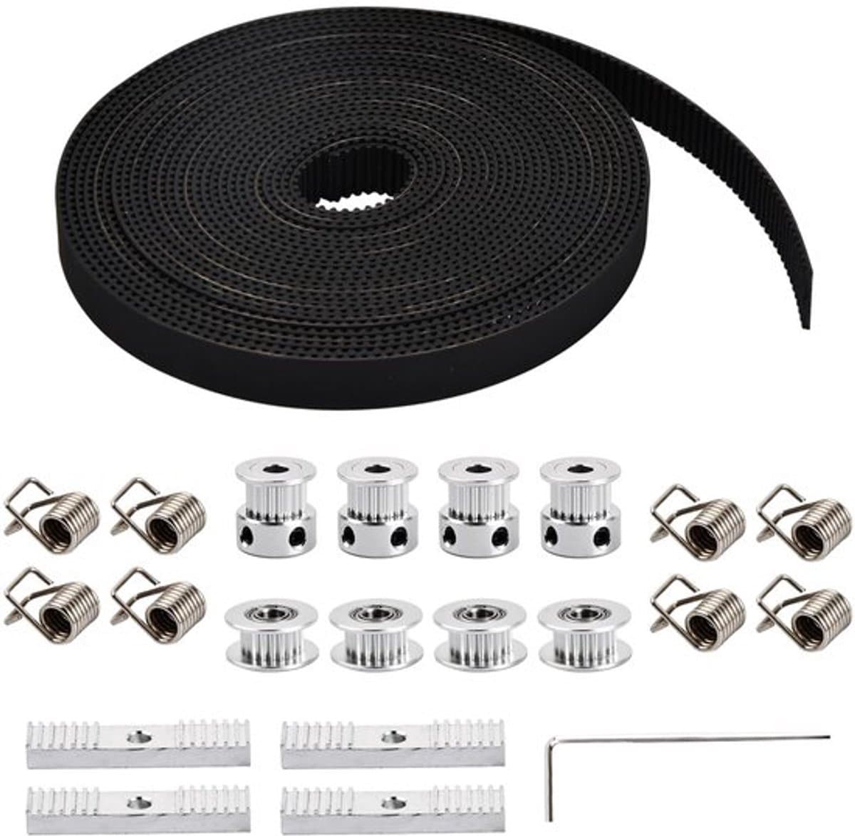 Tandriem 5M - 4 stuks Tandriemschijf - 4 stuks Idlerwiel - 8 stuks Torsieveren - 4 stuks Tandriemklemmen - Roestvrij Staal - Riemset