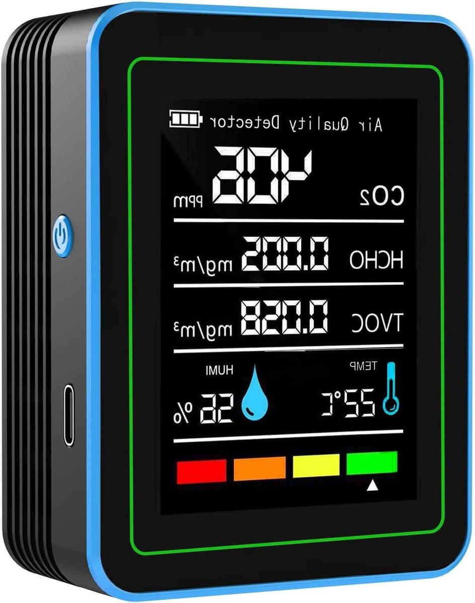 Luchtkwaliteit Monitor - Tester CO2 - Thuis Meten - 5-in-1 Sensor - 2000mAh Batterij - Zwart Blauw