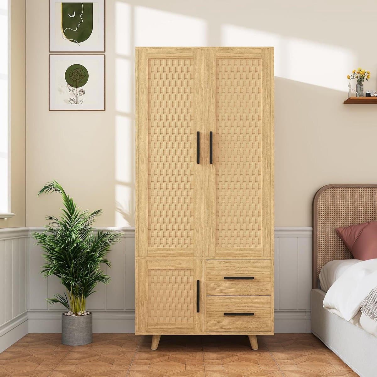 Houten Kast - Opbergkast Slaapkamer - Kleding Opbergen - Rattan Inzetstukken - 50 cm Breed - Eiken Kleur