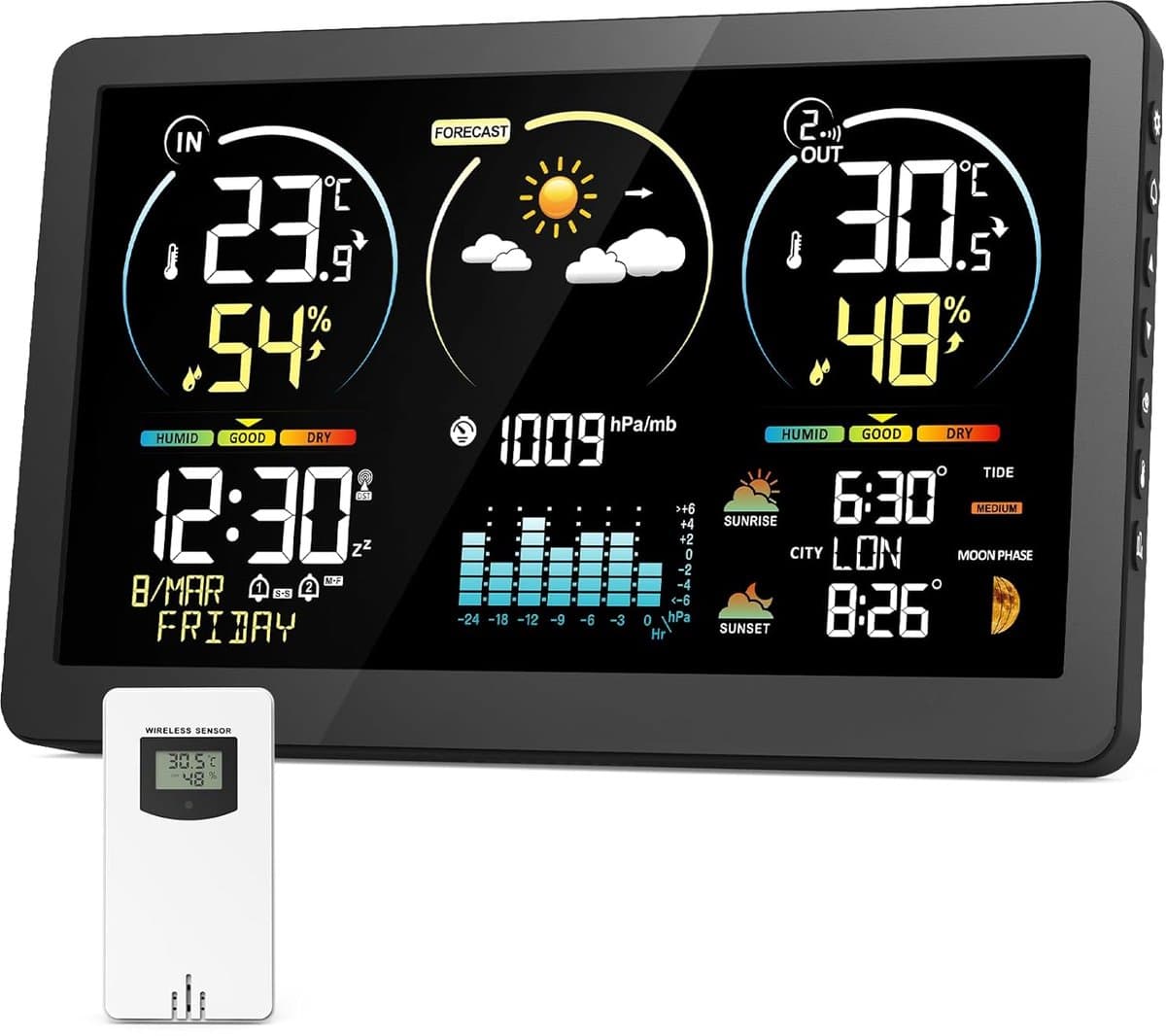 Weerstation Buiten - Digitale Klok - Weersvoorspelling Thuis - Groot Kleurendisplay - 19 cm Scherm - Zwart