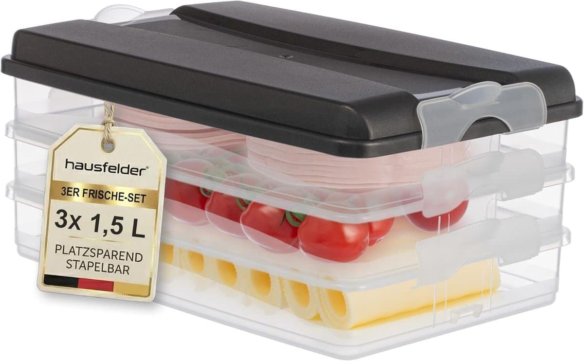 Opbergdozen Koelkast - Voedsel Bewaarbakjes - Verse Producten Houden - Stapelbaar met Deksel - 3 Stuks 1.5L - Antraciet