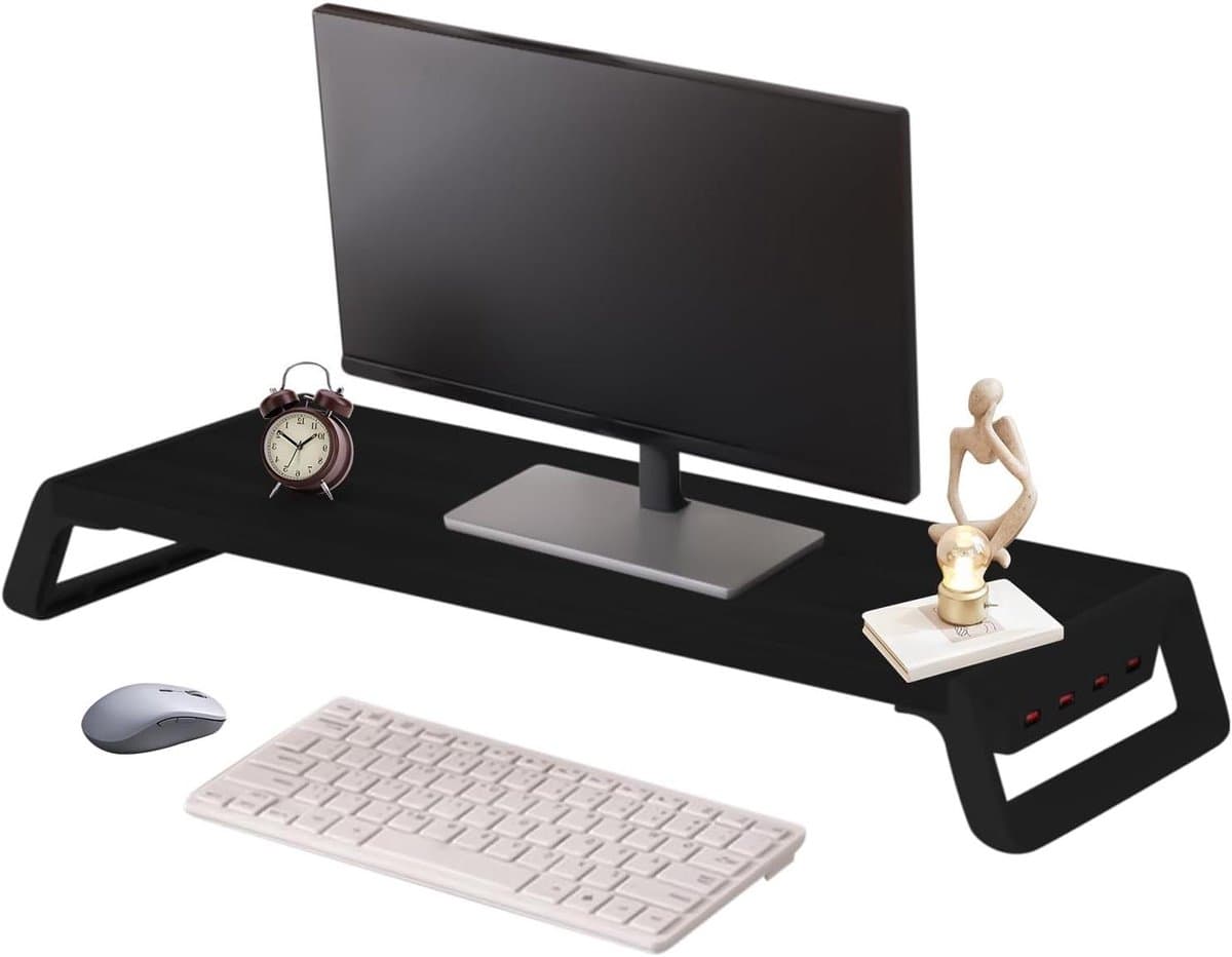 Monitor Organizer - Monitor Verhoger - Bureau Organiseren - 4 USB Poorten - 50x20x7.5cm - Zwart