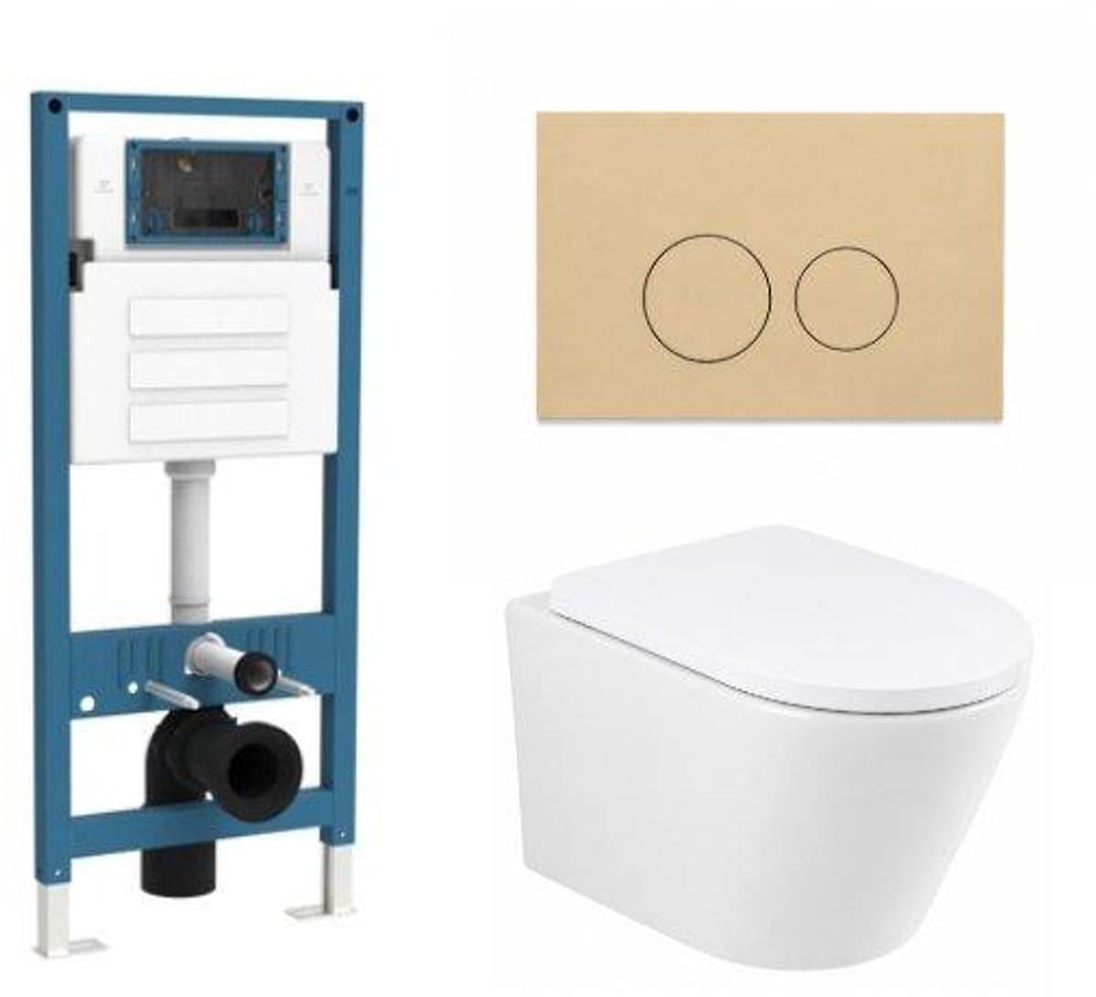 QeramiQ Dely Toiletset - inbouwreservoir Qeramiq Flush - 35mm zitting - kunststof beige bedieningsplaat - ronde knoppen - mat wit