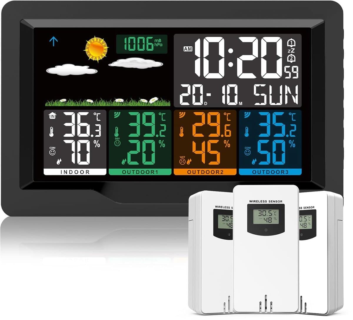 Draadloos Weerstation - Weer Monitor Digitale Klok - Binnen en Buiten Meten - Met 3 Buitensensoren - 60m Bereik - Zwart