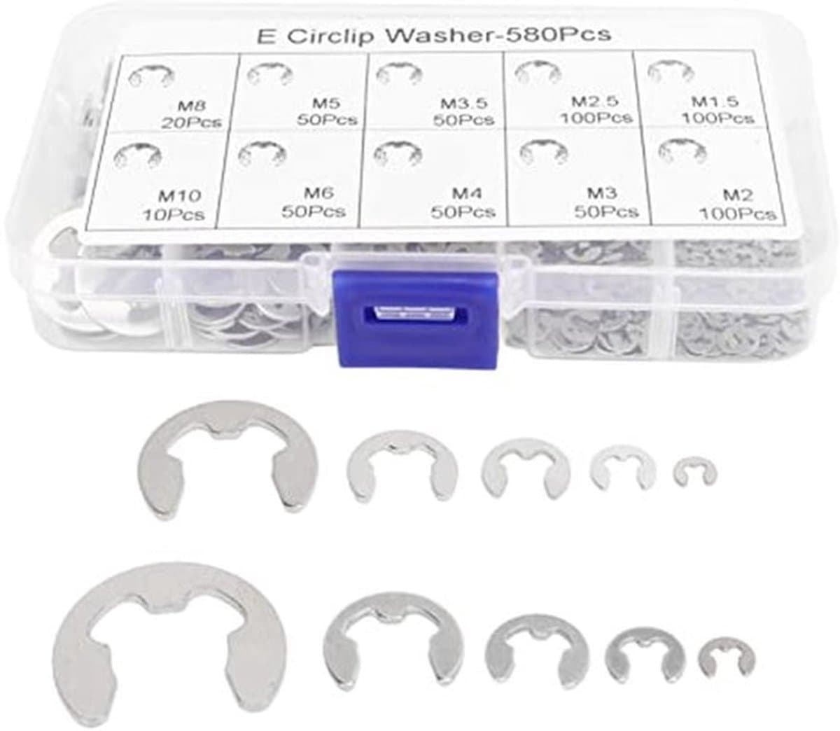 Elastische sluitring E, set met 580 stuks veerringen met opbergdoos, bevestigingsring type E van roestvrij staal met vaste bevestiging, sluitringen van