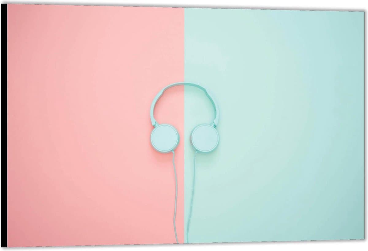 KuijsFotoprint - Schilderij - Blauwe Koptelefoon Blauwe Muur - Blauw En Roze - 40 X 60 Cm