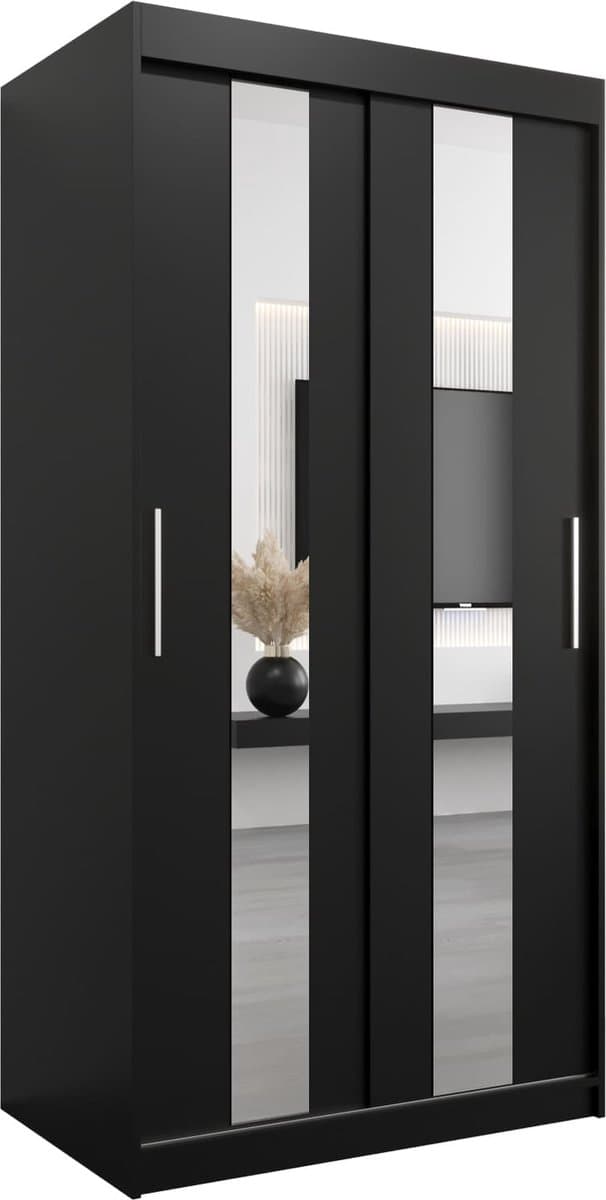 InspireMe - Kledingkast met 2 schuifdeuren, Modern-stijl, Een kledingkast met planken en een spiegel (BxHxD): 100x200x62 - DANCE 100 Zwart Mat