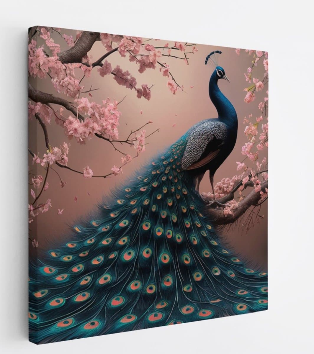 Saammp Canvas Schilderij - Pauw tussen de roze bloesem - Dieren - Natuur - 40x40 - Foto op canvas - Wanddecoratie - muurdecoratie Woonkamer - Slaapkamer decoratie - Canvas Print