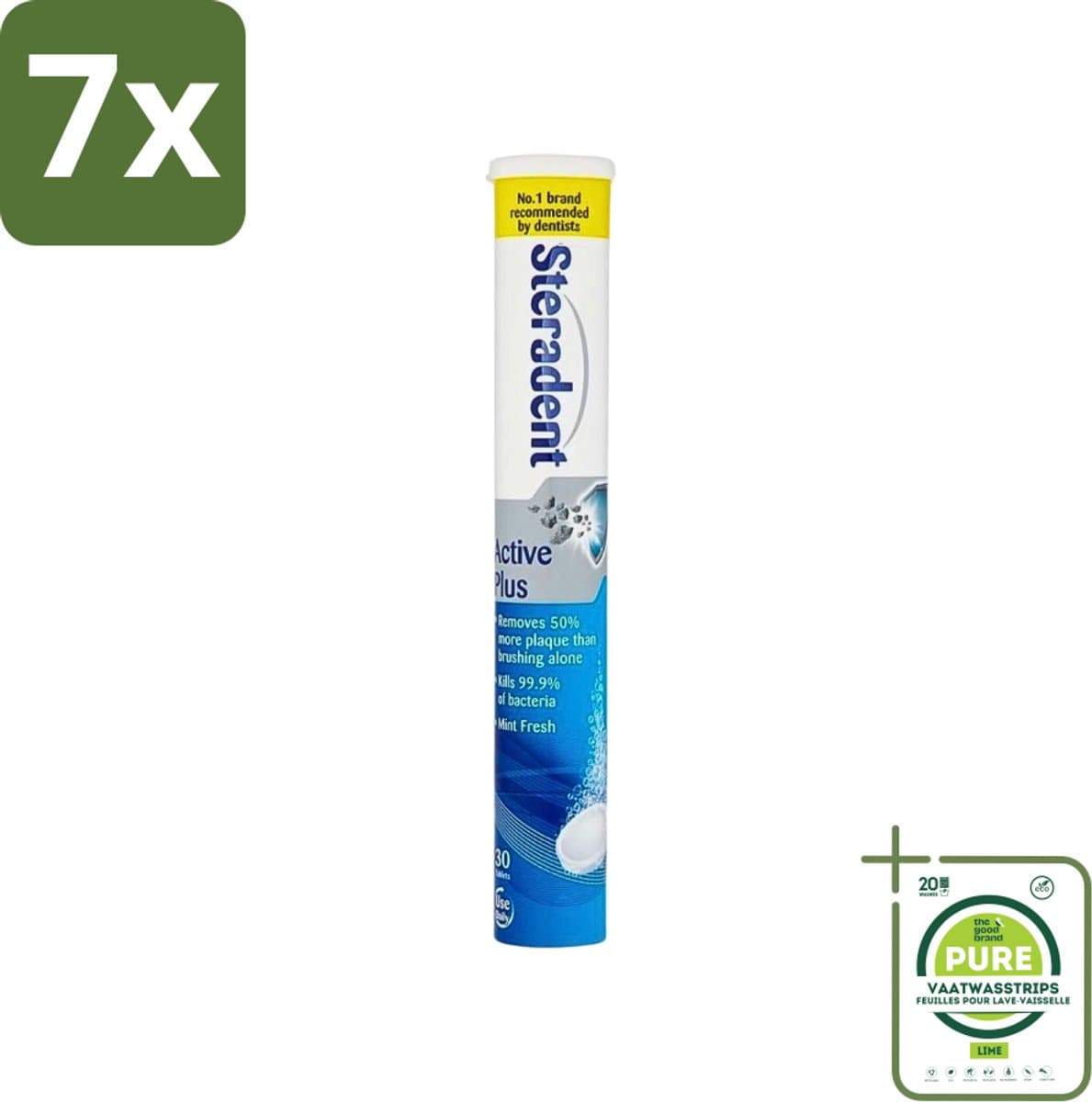 7 x Steradent - Reinigingstabletten - Active Plus - Tegen Tandsteen & Bacteriën - 30 Tabletten - Grootverpakking - Kunstgebit Reiniging - Tandsteen Verwijderen - Bacteriën Doden - Mondhygiëne - Kunstgebit Tabletten