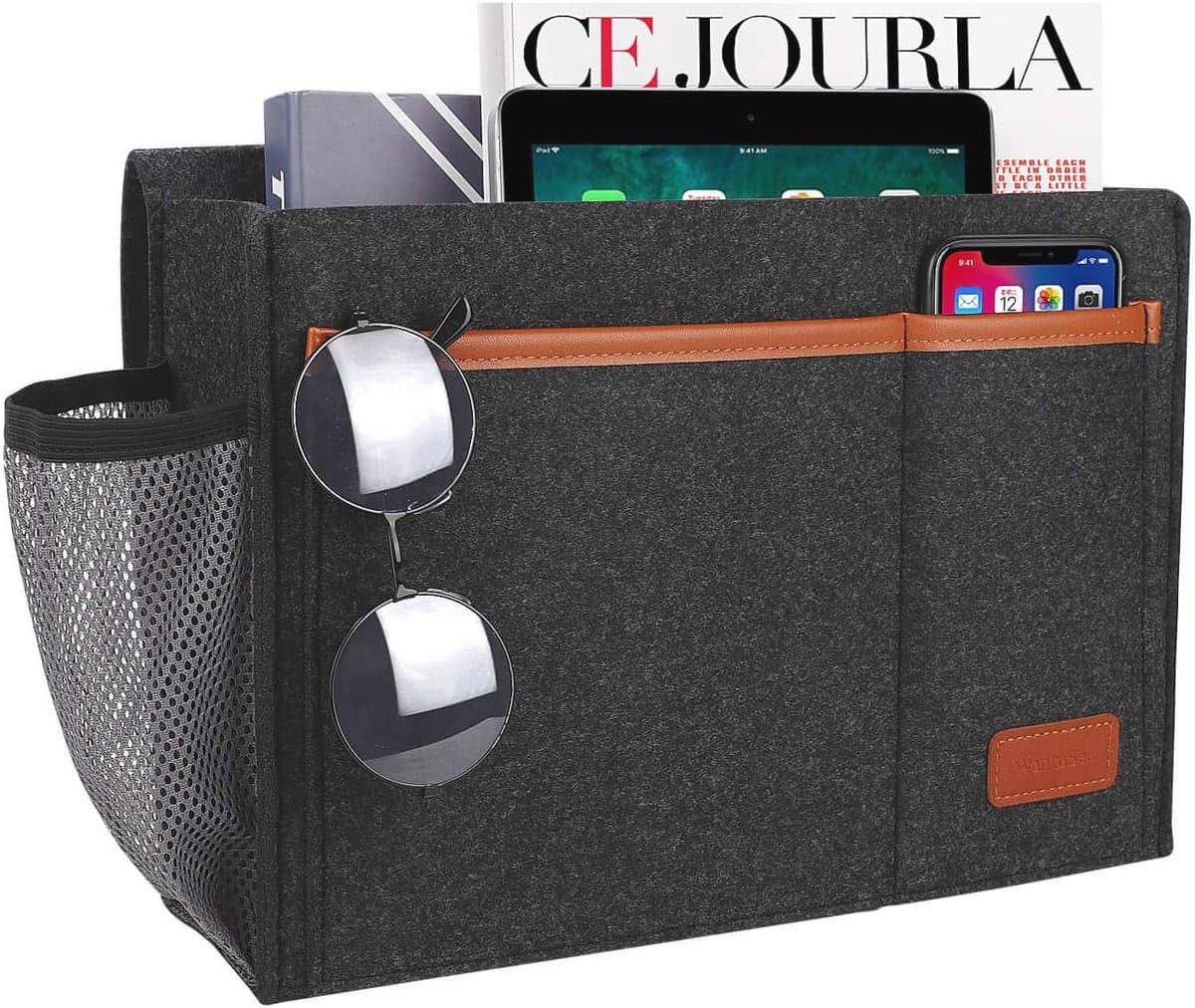 Bedside Caddy Organizer voor Bed met Vijf Vakken - Hangende Feltopberger voor Laptop, Boeken en Meer - Donkergrijs