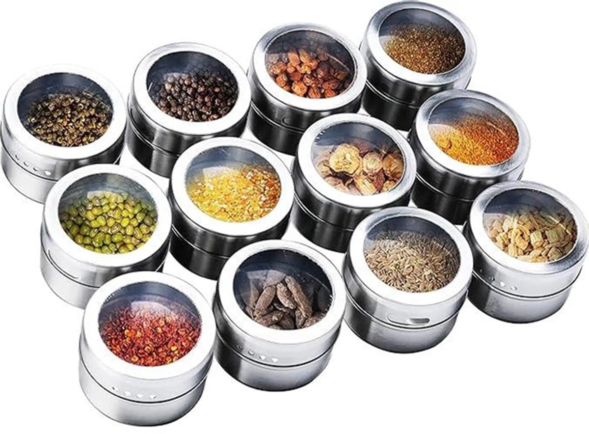Set van 12 kruidenpotjes van roestvrij staal met transparante deksels, magnetische bewaarpotjes, geschikt Geschikt voor koelkasten en barbecues.