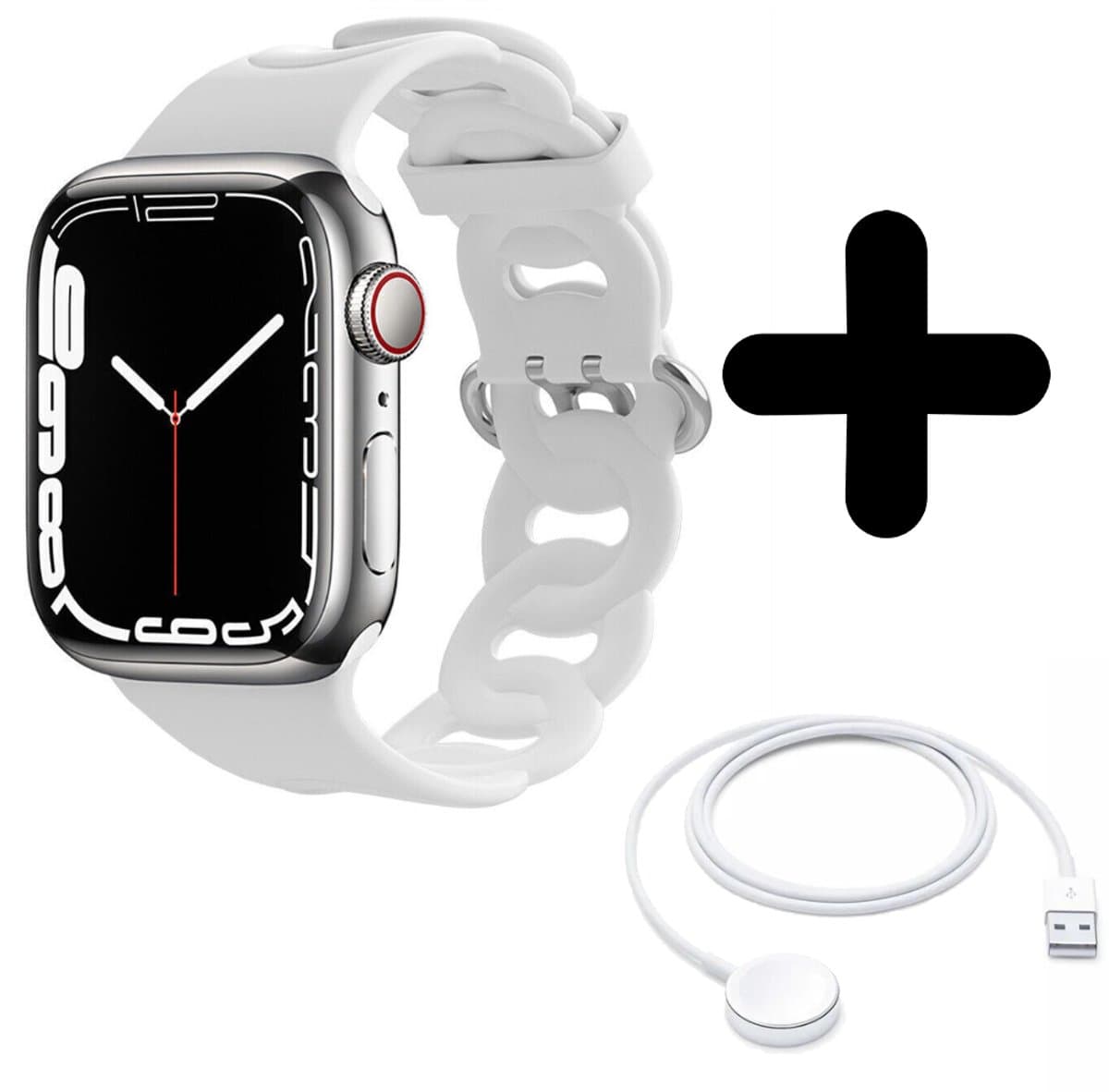 Bandje geschikt voor Geschikt voor Apple Watch bandje silicone chain band (wit) - Voor modellen: 42/44/45/49mm Incl. Oplader geschikt voor Geschikt voor Apple Watch 1/2/3/4/5/6/7/8/9/Ultra - Oplaadkabel - Kabel