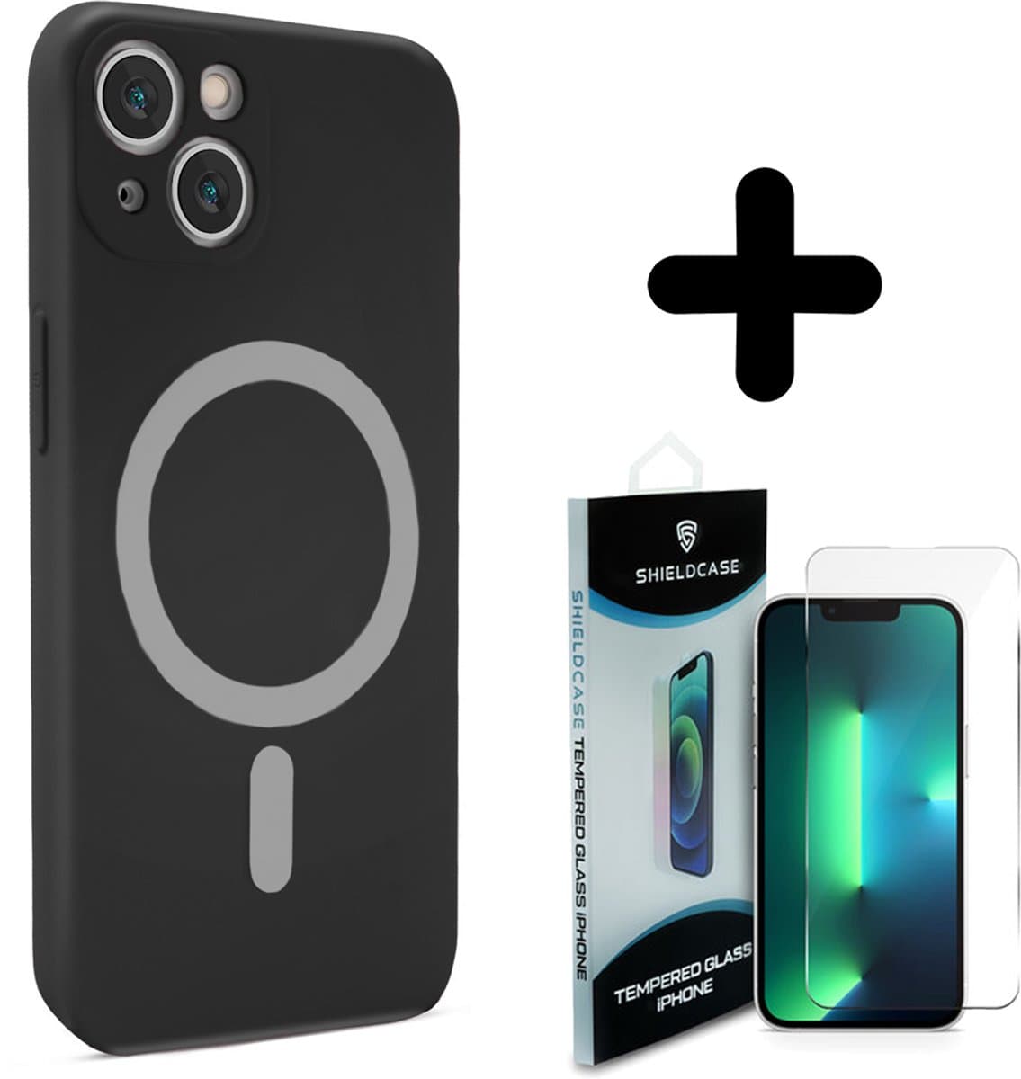ShieldCase geschikt voor iPhone 14 Magneet hoesje siliconen zijde (zwart) + ShieldCase screenprotector - beschermglas iPhone bescherming - iPhone case bescherm hoesje + Screenprotector