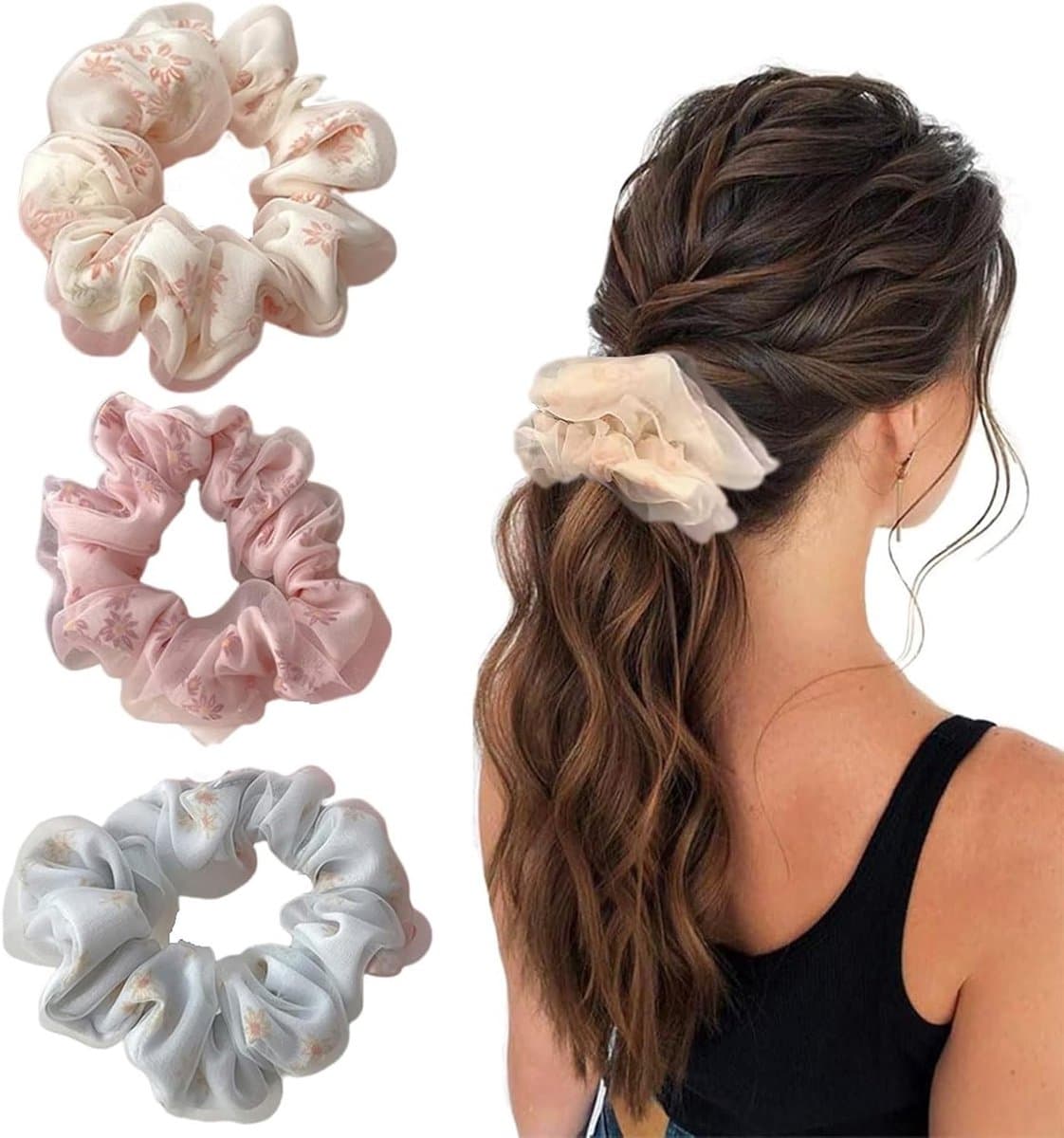 Floral Mesh Haarbanden Set van 3 voor Vrouwen en Meisjes, Romantische Aesthetic, Oversized Chiffon, Elastisch en Schattig (Roze, Beige, Blauw) - Perfect voor Feestjes en Casual Gebruik