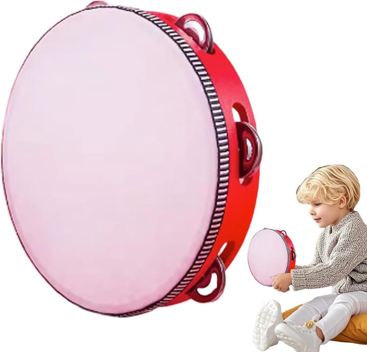 Tamboerijn Instrument - Handtrommel Muziek - Muziek Maken - Uitstekende Geluidskwaliteit - 20 cm Diameter - Rood