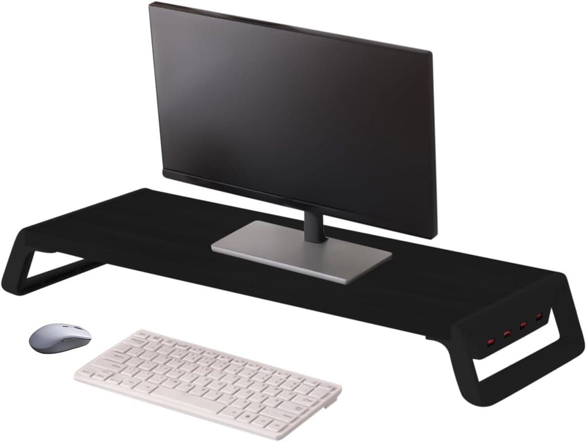 Monitor Verhoger - Bureau Organisator Plank - Ergonomisch Werken - Met 4 USB-poorten - 50x20x7.5cm - Zwart