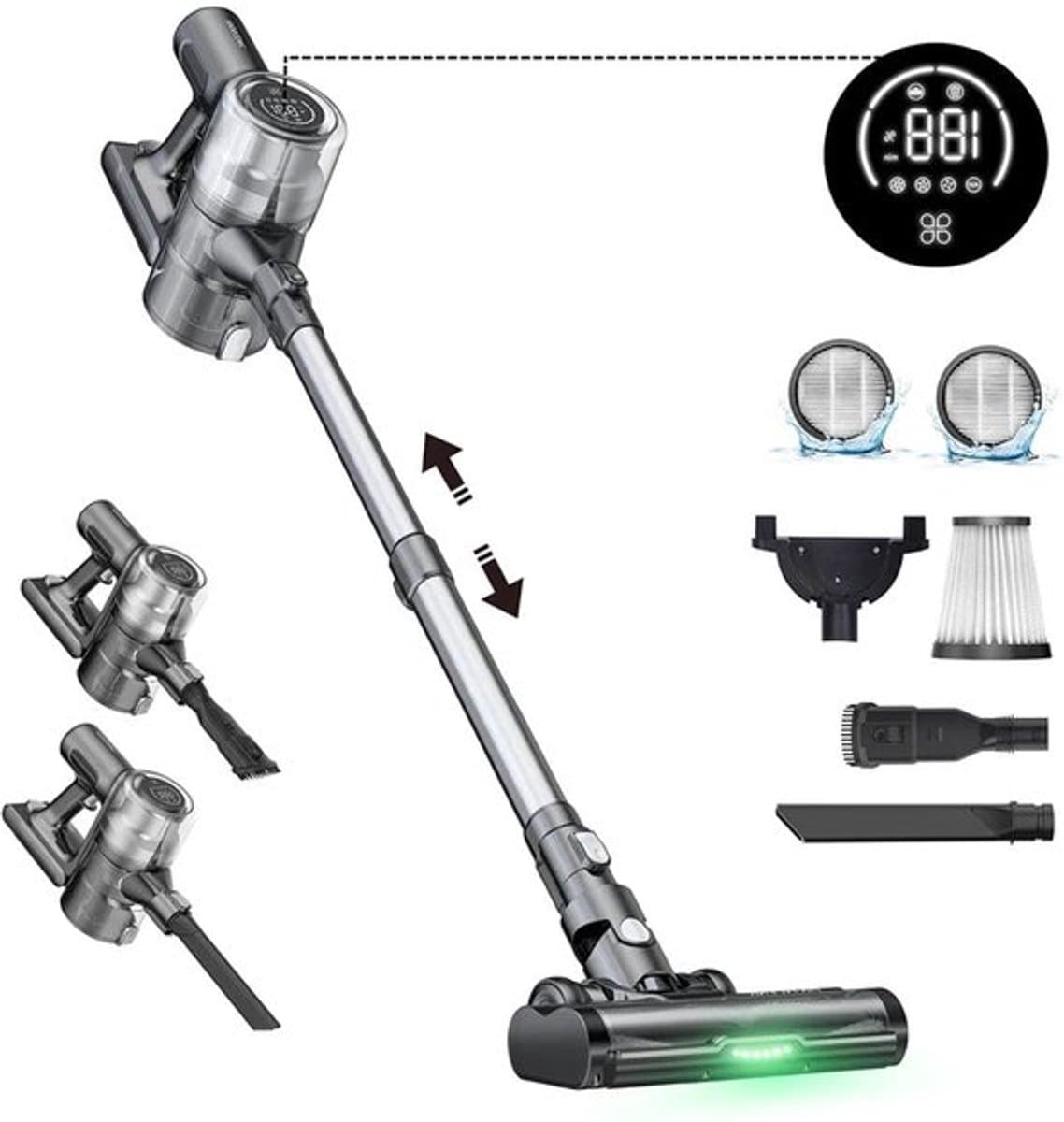 Draadloze Stofzuigers - Stofzuiger - Vacuum Cleaner - met Groen Licht - Anti-klit Rolborstel - 35000Pa - 400W - 2500mAh - Hoogte Verstelbaar Buis - Grijs