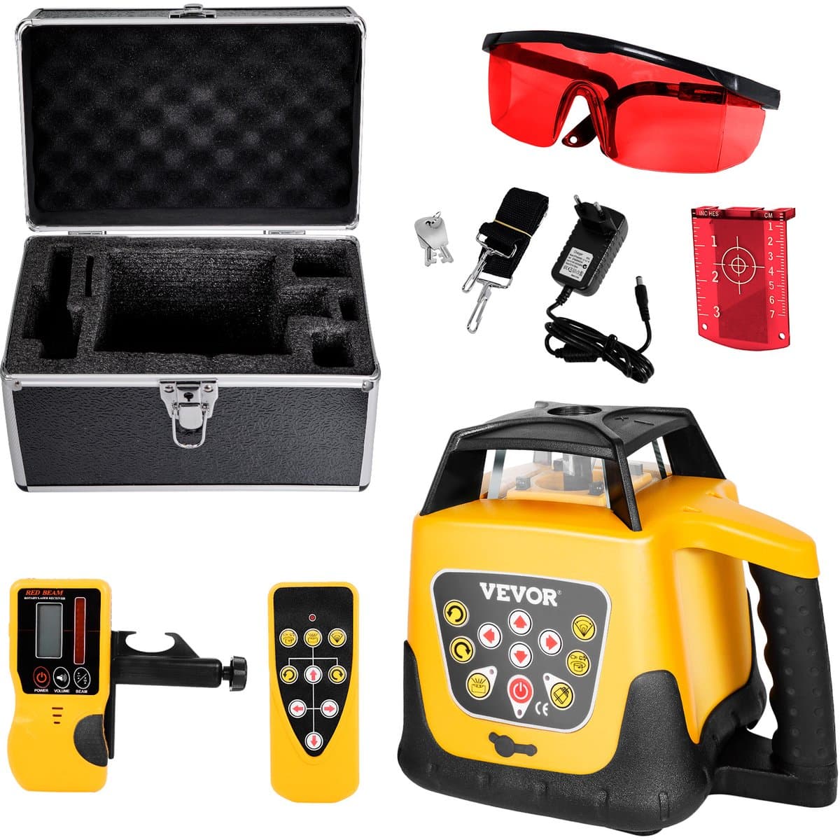 VEVOR Roterende Laserwaterpas, Rode Straal, 300 M Bereik, Instelbare Kanteling, 360° Draaibaar, Zelfnivellerend, Flexibele Scanhoek, Incl, Afstandsbediening, Ontvanger en Draagtas