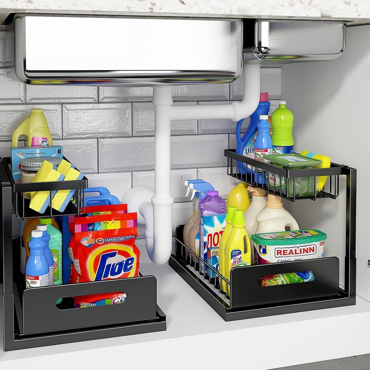 OLOEY Opbergrek voor onder de gootsteen-L-vormig uitschuifbaar kastje met 2 lagen voor keuken en badkamer-uitschuifbare opbergruimte onder het kastje-metalen opbergrek voor onder de gootsteen-zwart-2 stuks