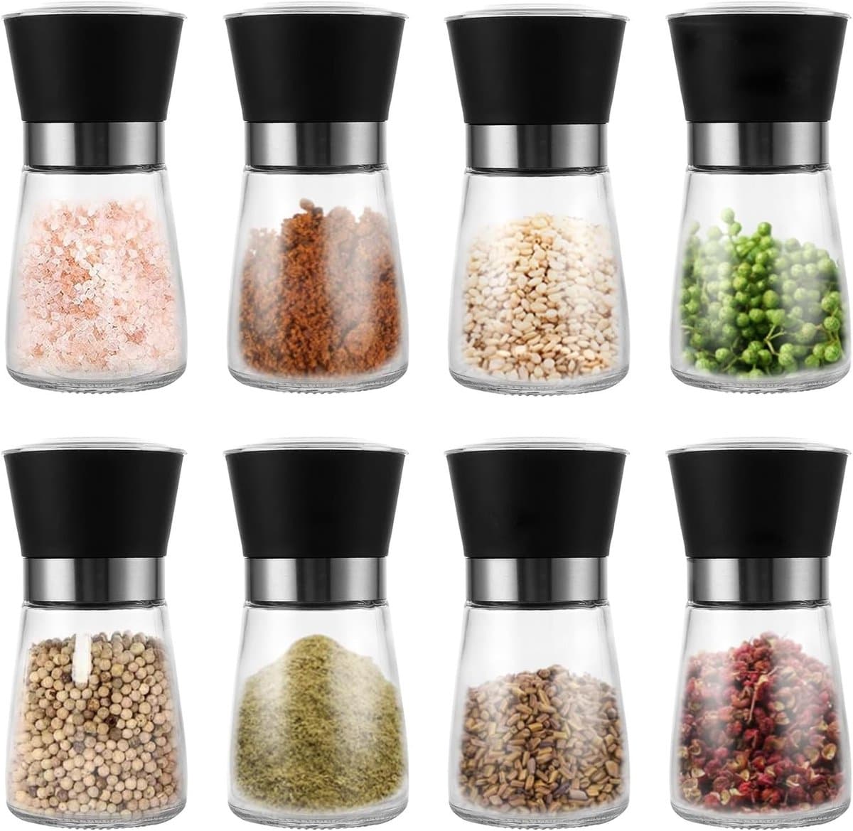 Set van 8 Peper- en Zoutmolens, Handmatige Keramische Specerijenmolen, Verstelbare Maalfunctie, 13,5 x 6,3 cm, Transparante Molens voor Diverse Specerijen en Kruiden