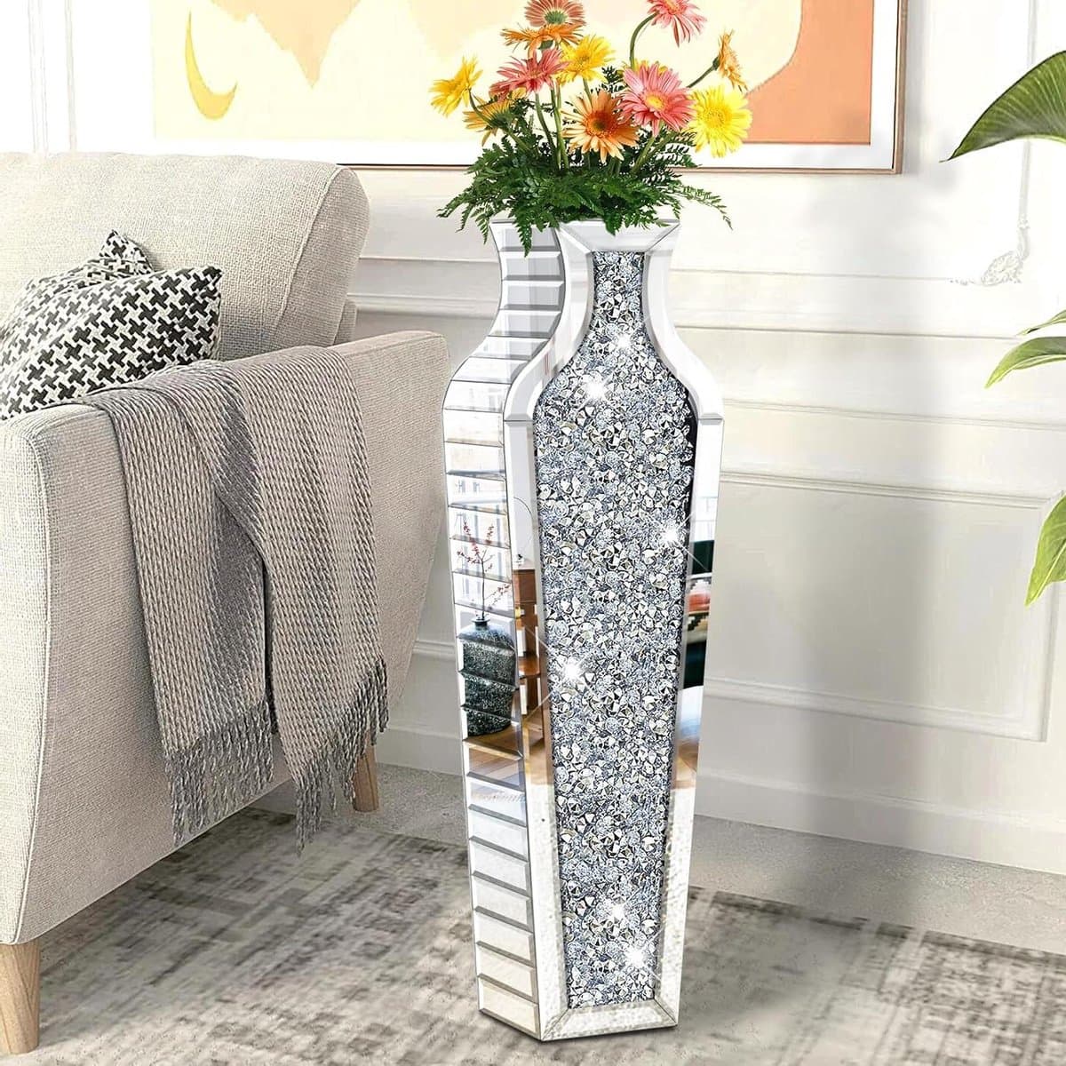 Hoge Vloervaas - Decoratieve Vaas - Woonkamer Decoratie - Kristallen Diamant Inleg - 68.6 cm Hoog - Zilver