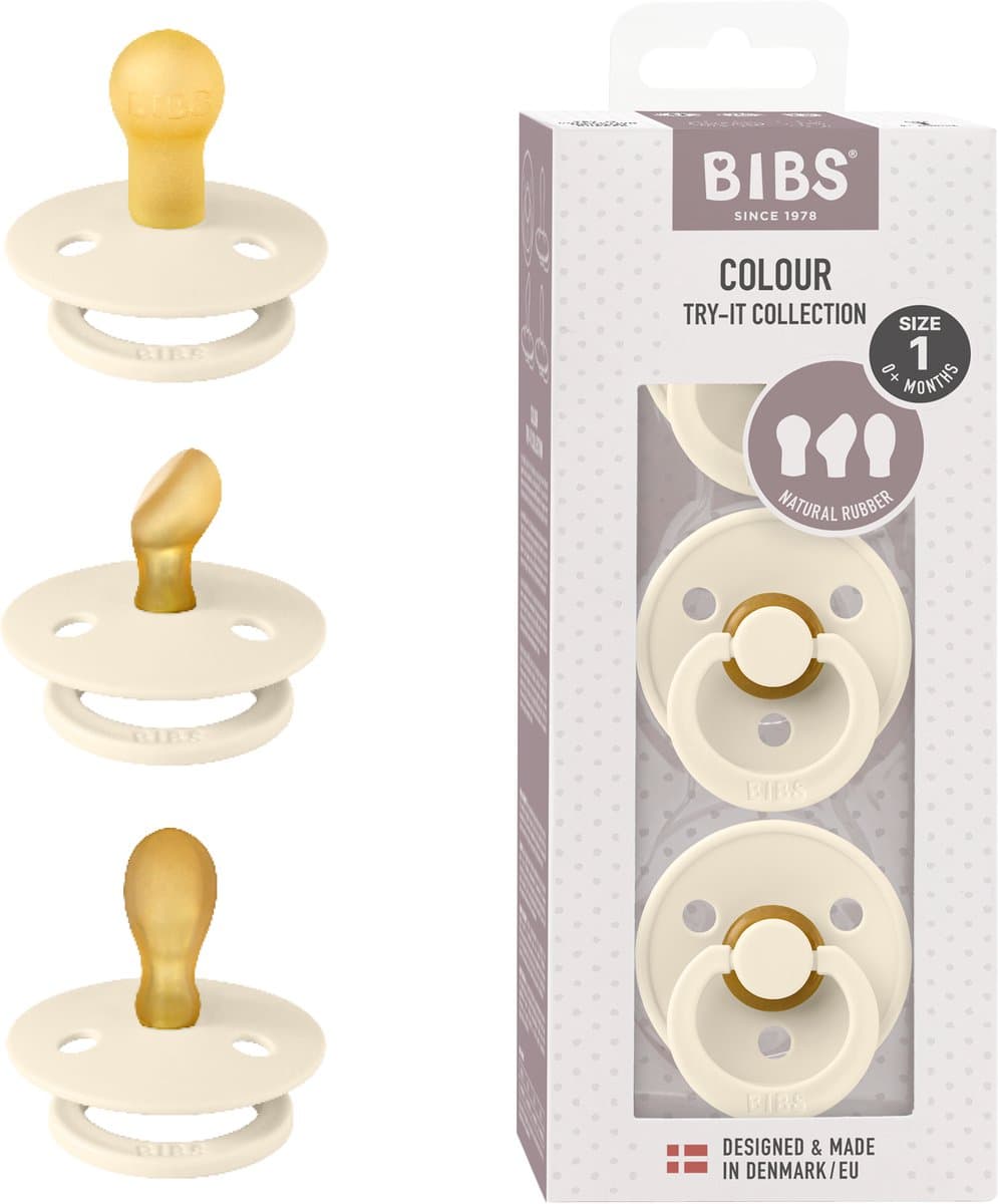 BIBS Colour Try-It Collectie: 3 fopspenen voor je baby's unieke behoeften, Ronde, symmetrische en anatomische speen. Natuurlijk rubberlatex, Gemaakt in Denemarken0+ maanden (Verpakking 3 stuks), Ivory