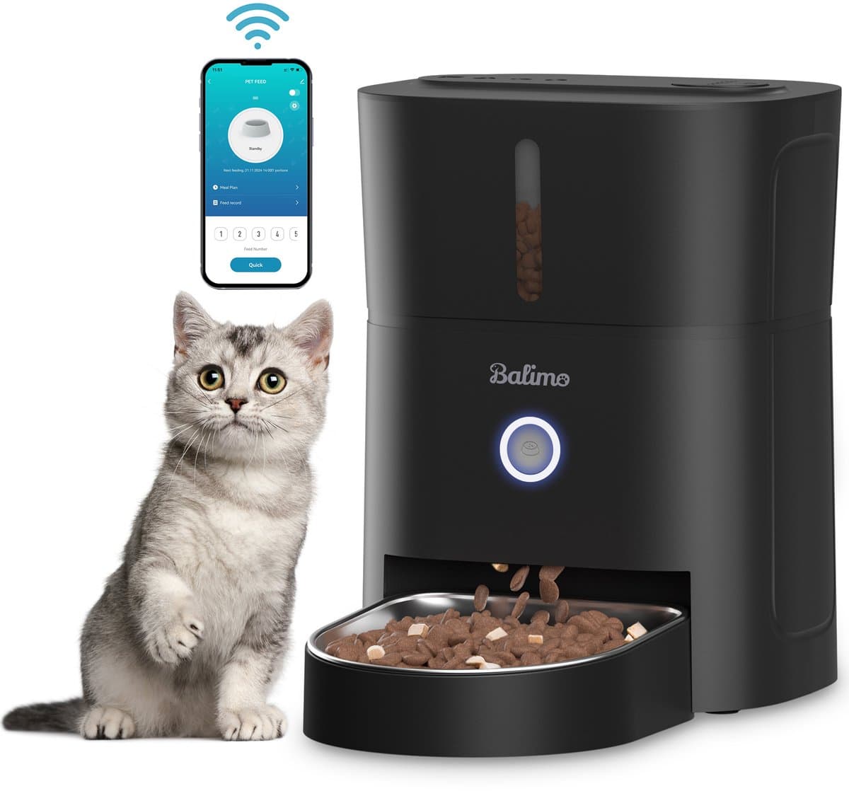 Balimo Automatische Voerbak Kat - 3L - Inclusief 1 RVS Voerbakken - Voerautomaat Met App - WiFi Model - Voor Droogvoer - Eetbak voor Katten & Honden - Zwart